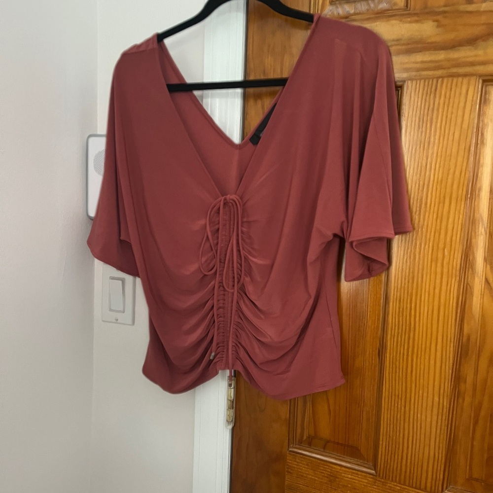 White House Black Market V-Neck Ruched Blouse in Rust